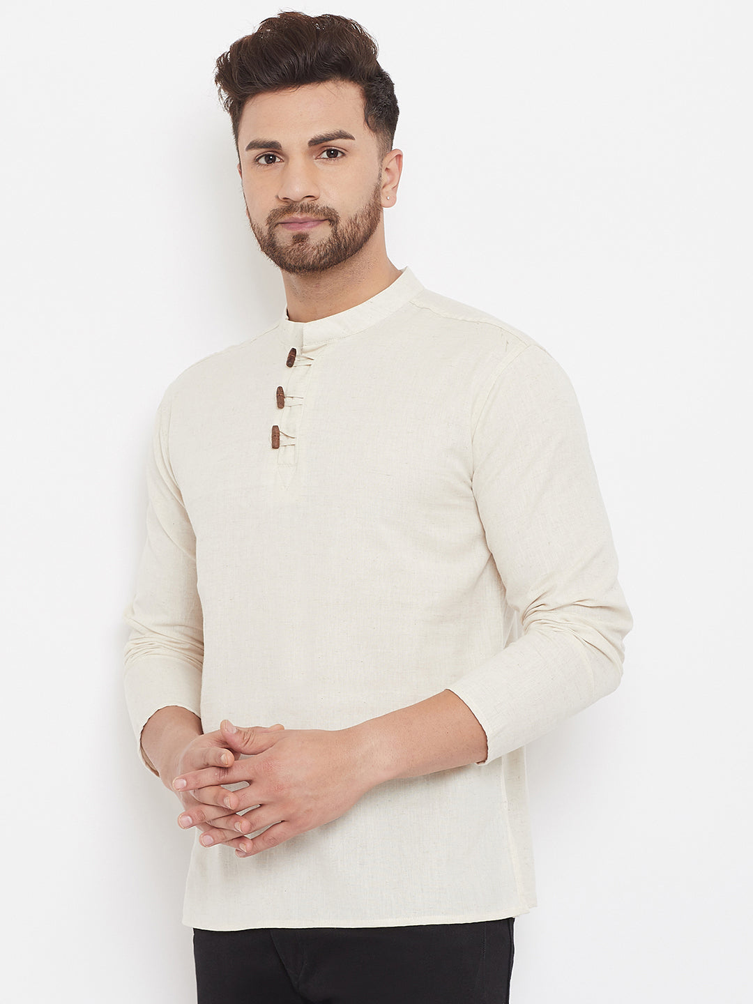 Men's Cream Button Placket Shirt Kurta - Even Apparels