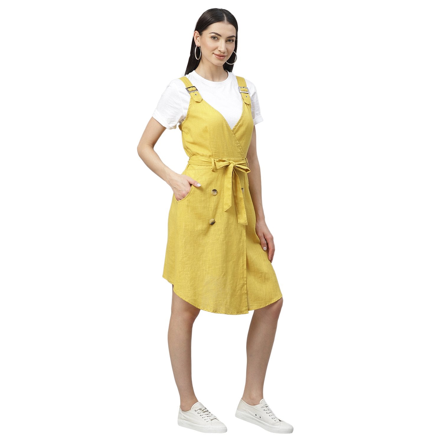 Women's Yellow Cotton Slub Solid Sleeveless Srep Neck Casual Dress - Myshka