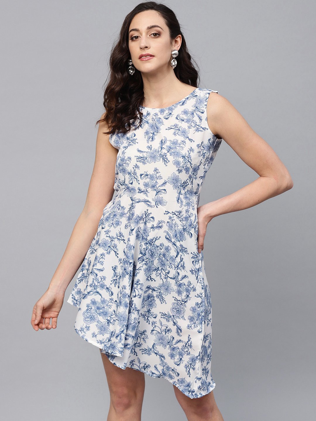Women's Blue Polyester Printed Sleeveless Round Neck Dress - Myshka