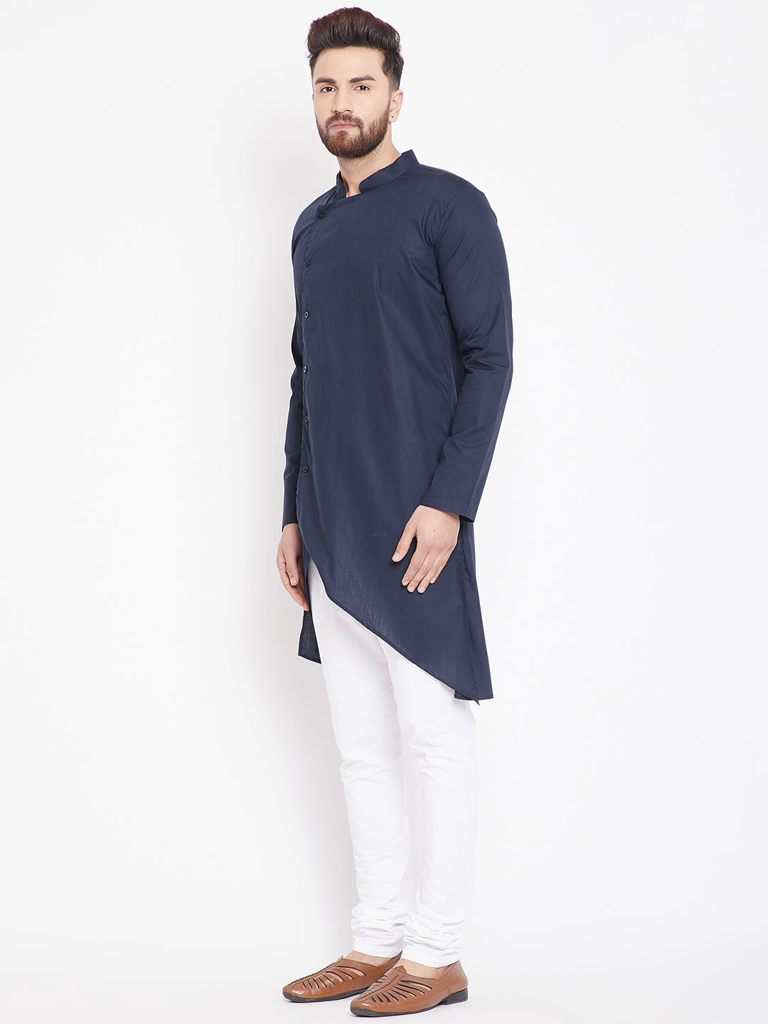 Men's Dark Grey Asymmetrical Cotton Kurta