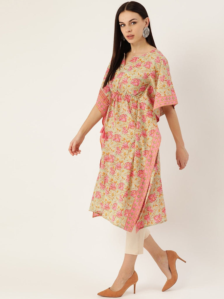 Women's Cotton Green & Pink Kaftan Kurta