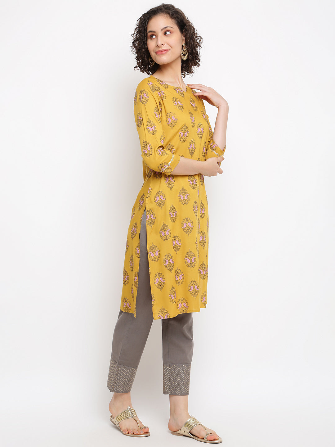 Women's Printed Yellow Musturd Kurta - IMARA