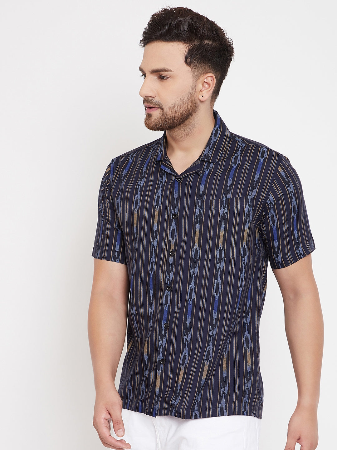Men's Navy Blue Cuban Collar Shirt