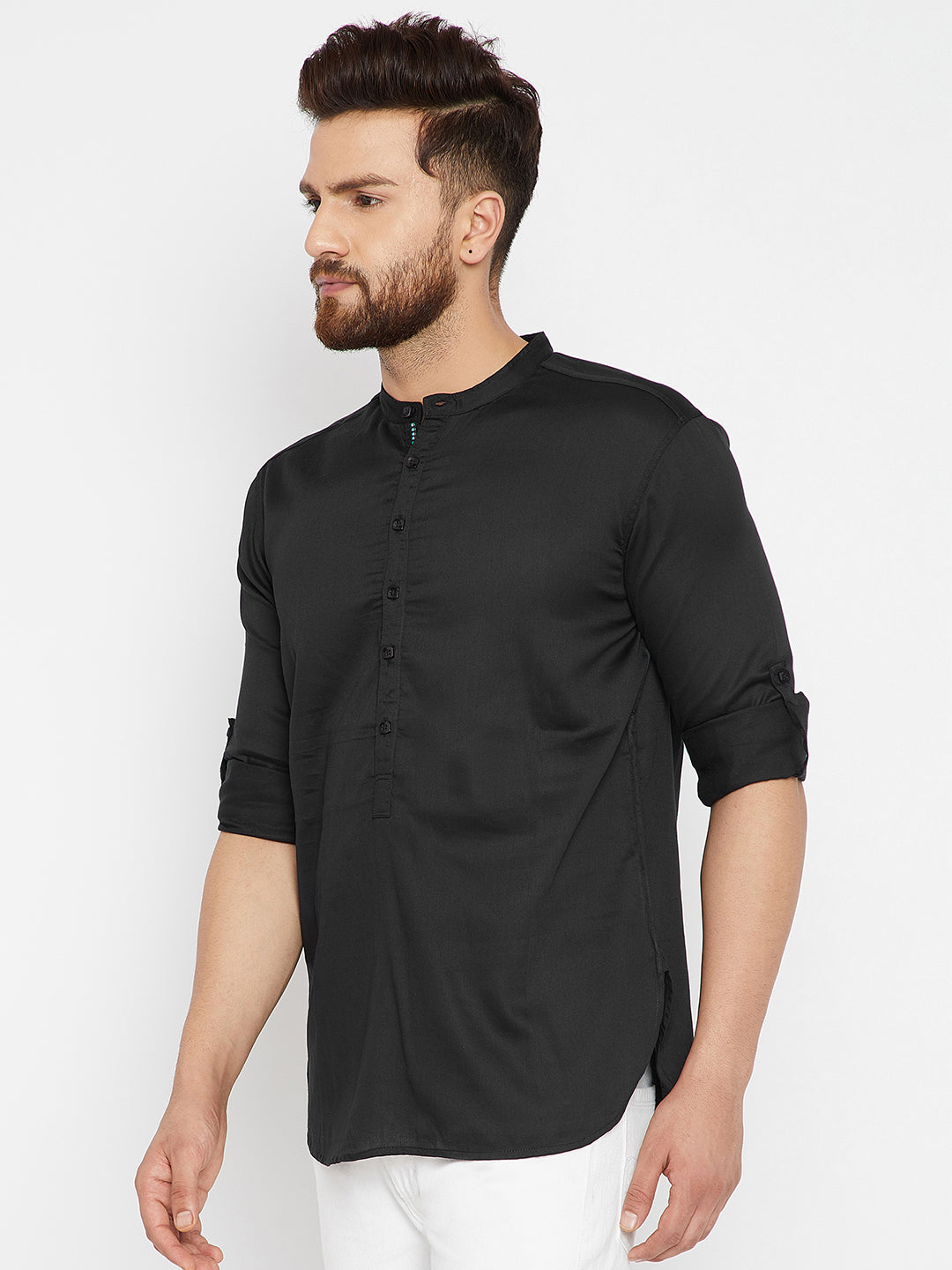 Men's Black Pure Cotton Solid Shirt Kurta - Even Apparels