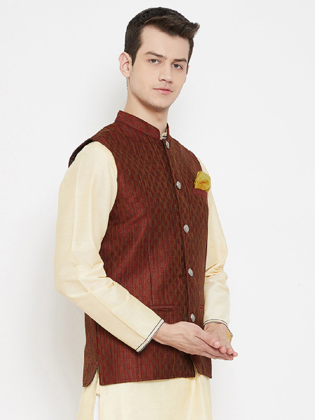 Men's Jacquard Maroon Silk Nehru Jacket - Even Apparels