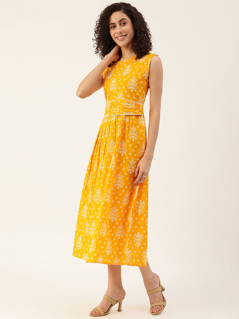 Women's Orange Printed Cowl Belt Cotton Dress