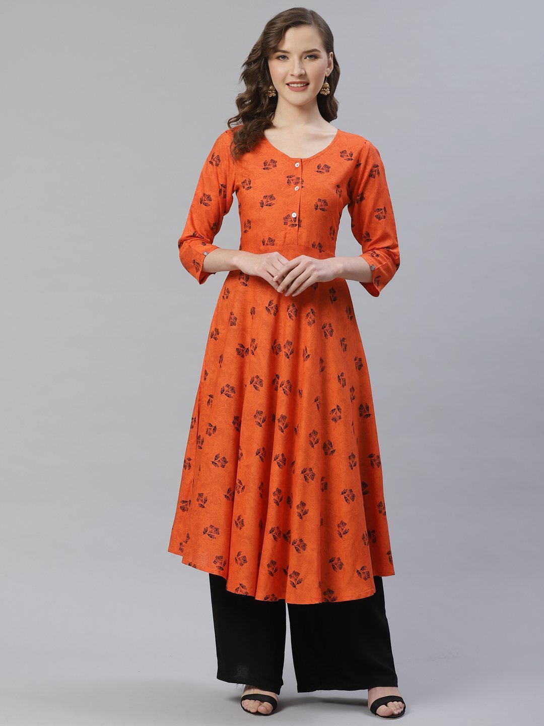 Women's Orange & Black Floral Printed A Line Kurta - Jompers