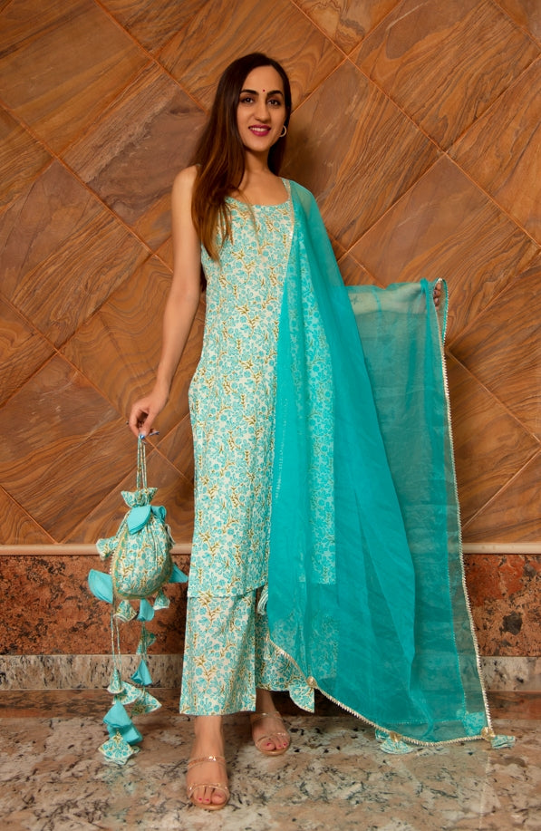 Women's Magan Blue Cotton Suit Set - Pomcha Jaipur