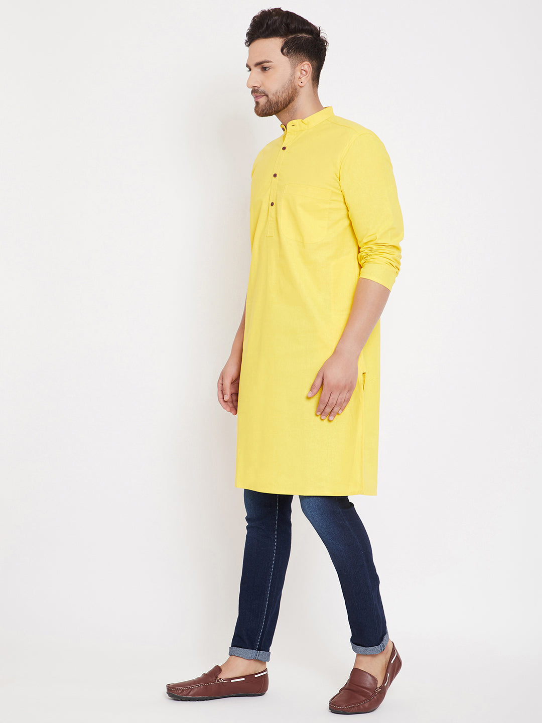 Men's Cotton Solid Yellow Kurta