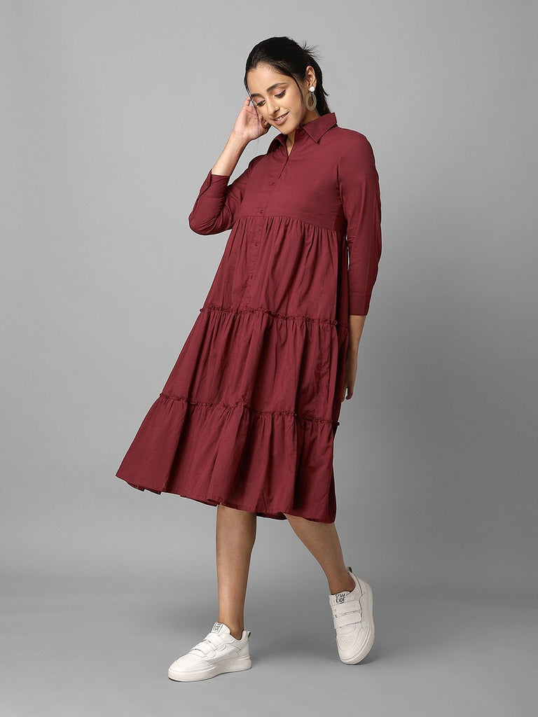 Women's Solid Wine Tiered A-Line Dress