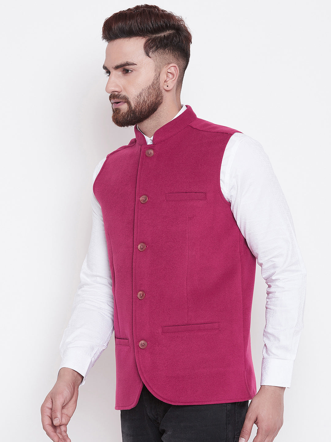 Men's Pink Blended Wool Nehru Jacket - Even Apparels