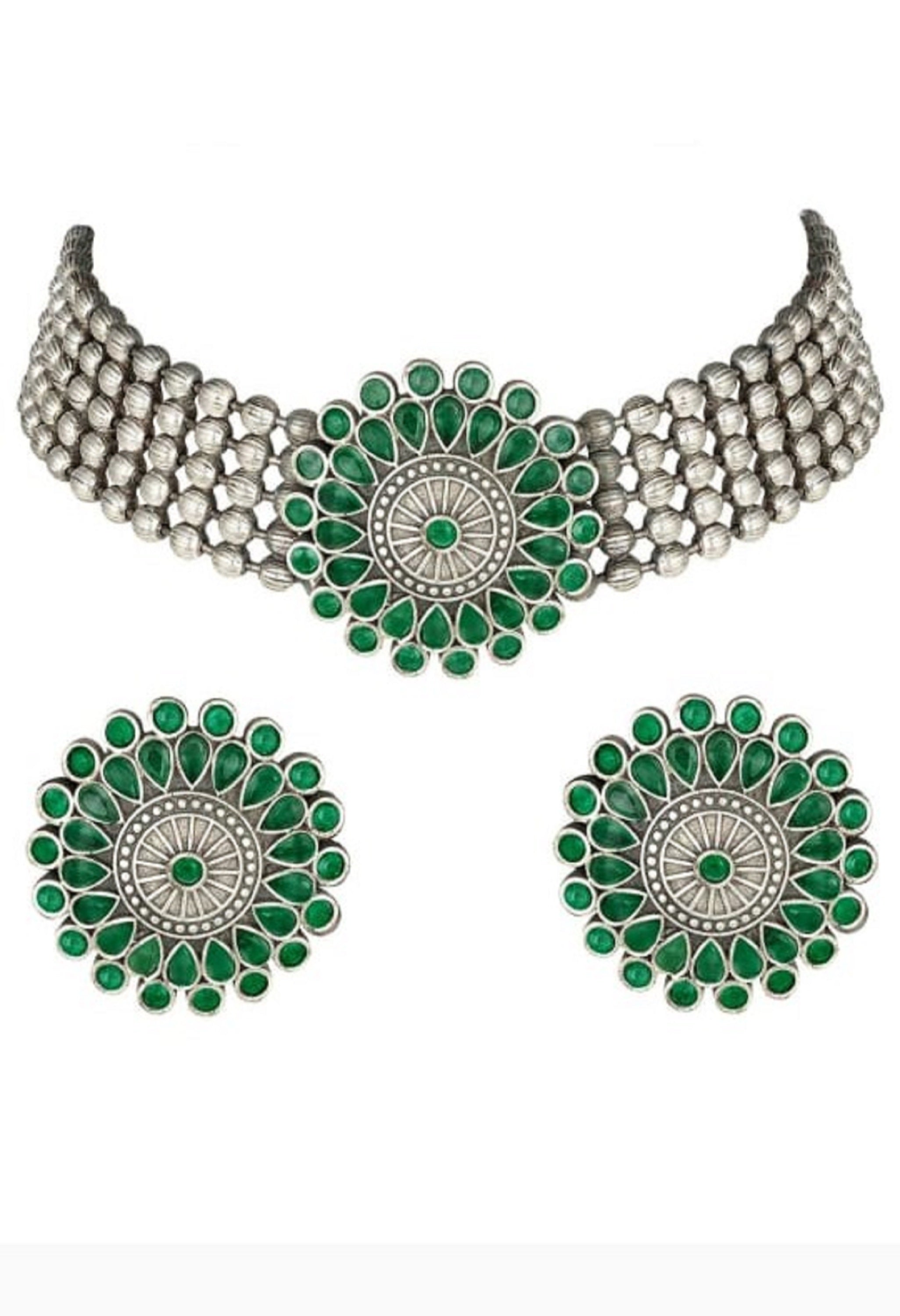 Women's Oxidised Silver-Plated Brass Finish Kundan Choker (Green) - Kamal Johar