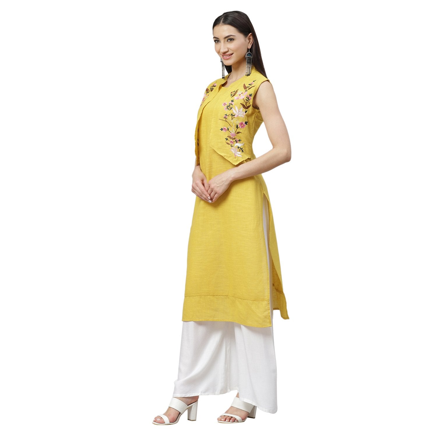 Women's Yellow Cotton Slub Printed Sleeveless Round Neck Casual Dress - Myshka