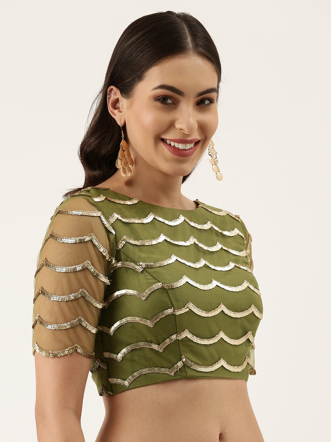 Women's Olive Sequince Work Net Blouse - Royal Dwells
