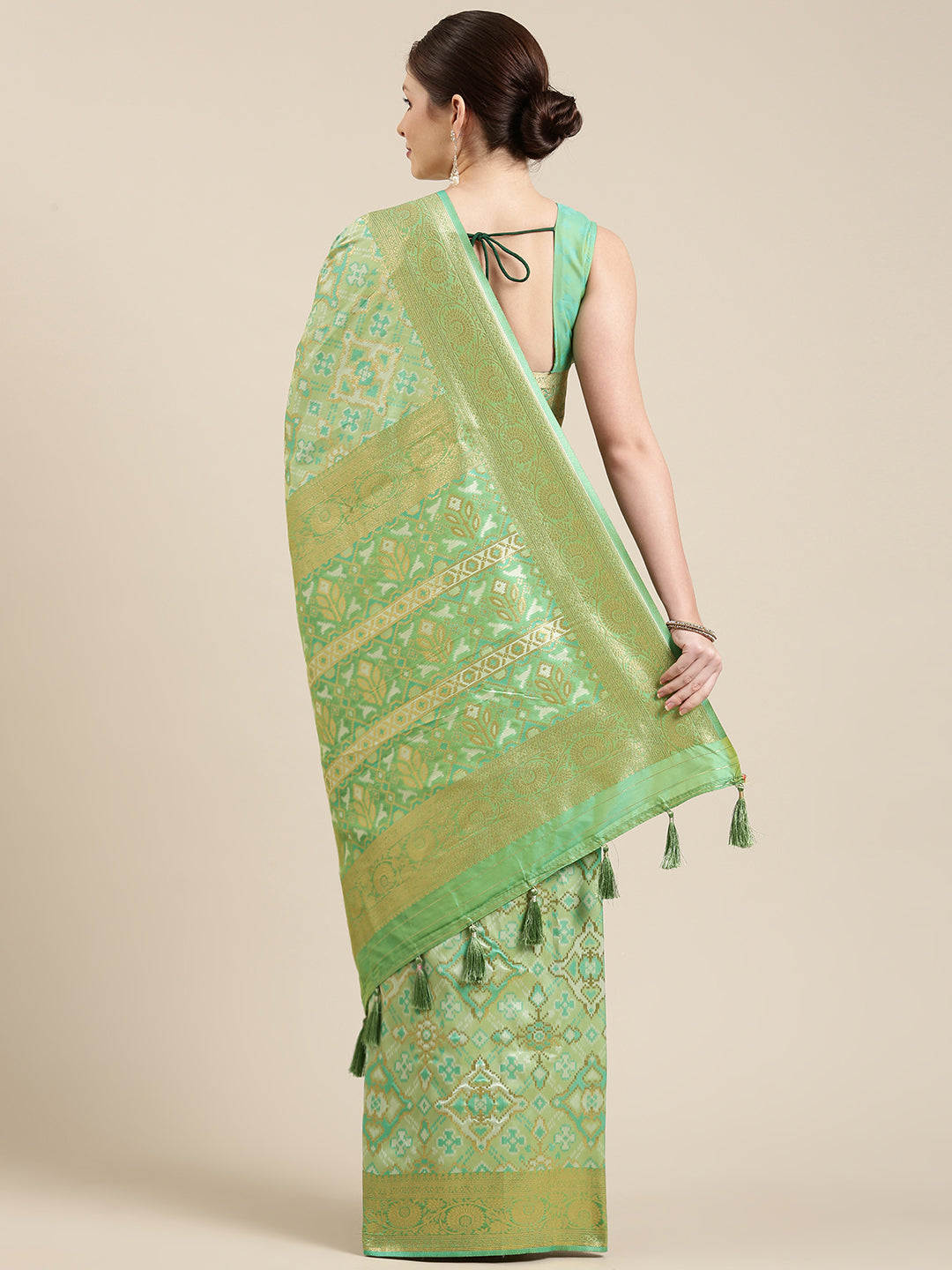 Women's Green & Golden Satin Paisley Zari Woven Banarasi Saree - Royal Dwells