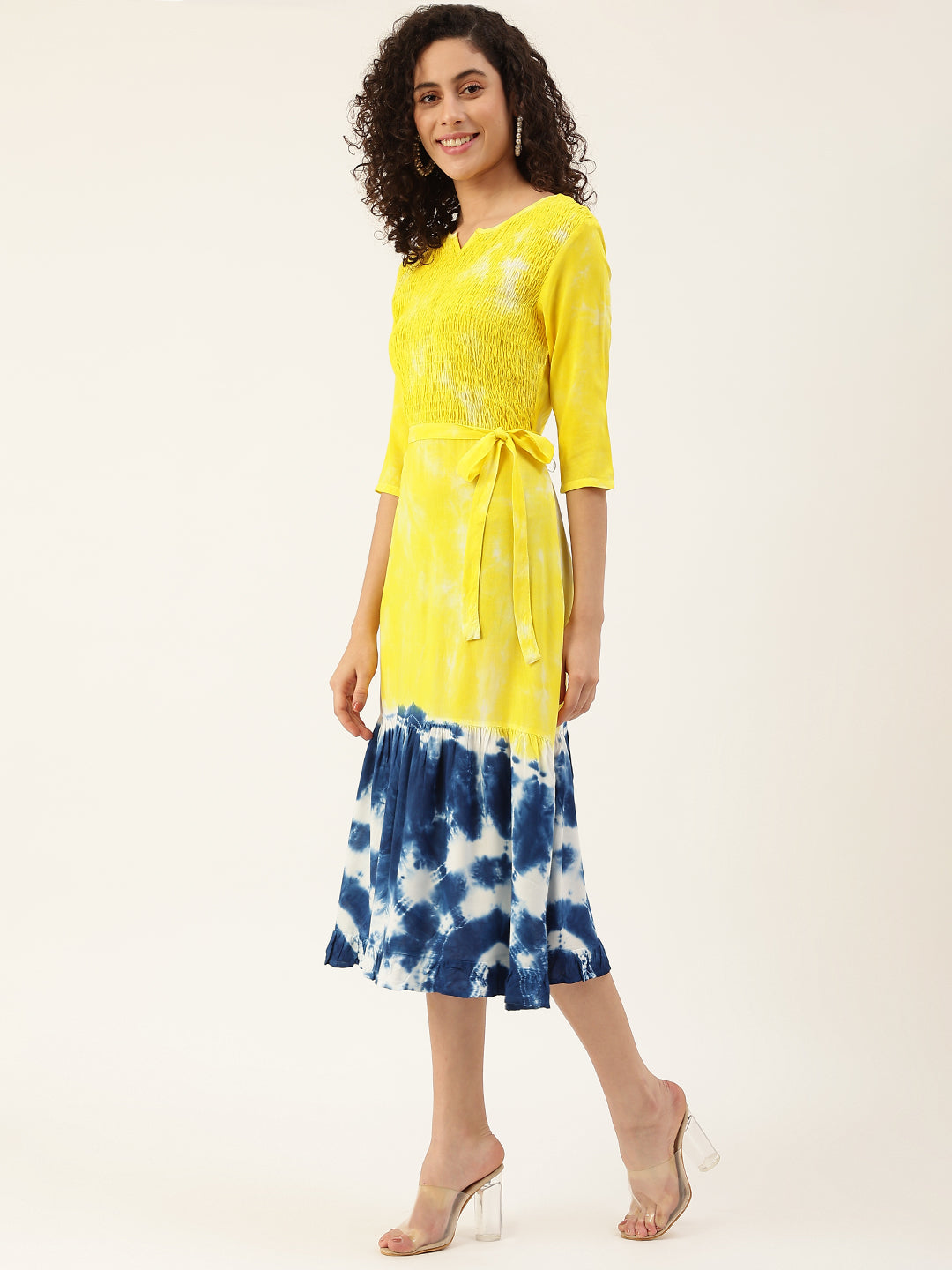 Women's Yellow Blue Bobbin Tie-Dye Rayon Dress - Maaesa