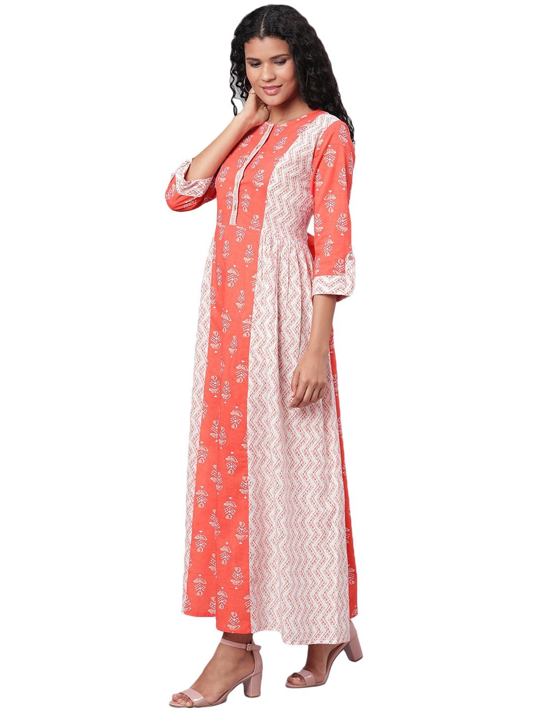 Women's Multi Printed 3/4 Sleeve Cotton Round Neck Dress - Myshka