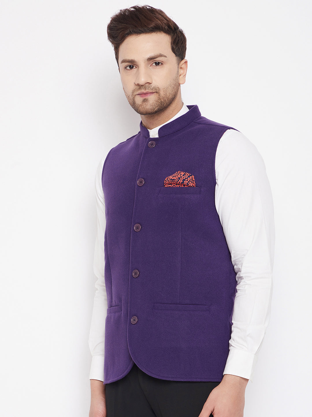 Men's Purple Color Nehru Jacket-Contrast Lining-Inbuilt Pocket Square - Even Apparels