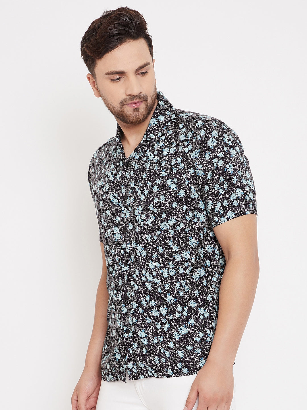 Men's Black & Aqua Floral Cuban Collar Shirt