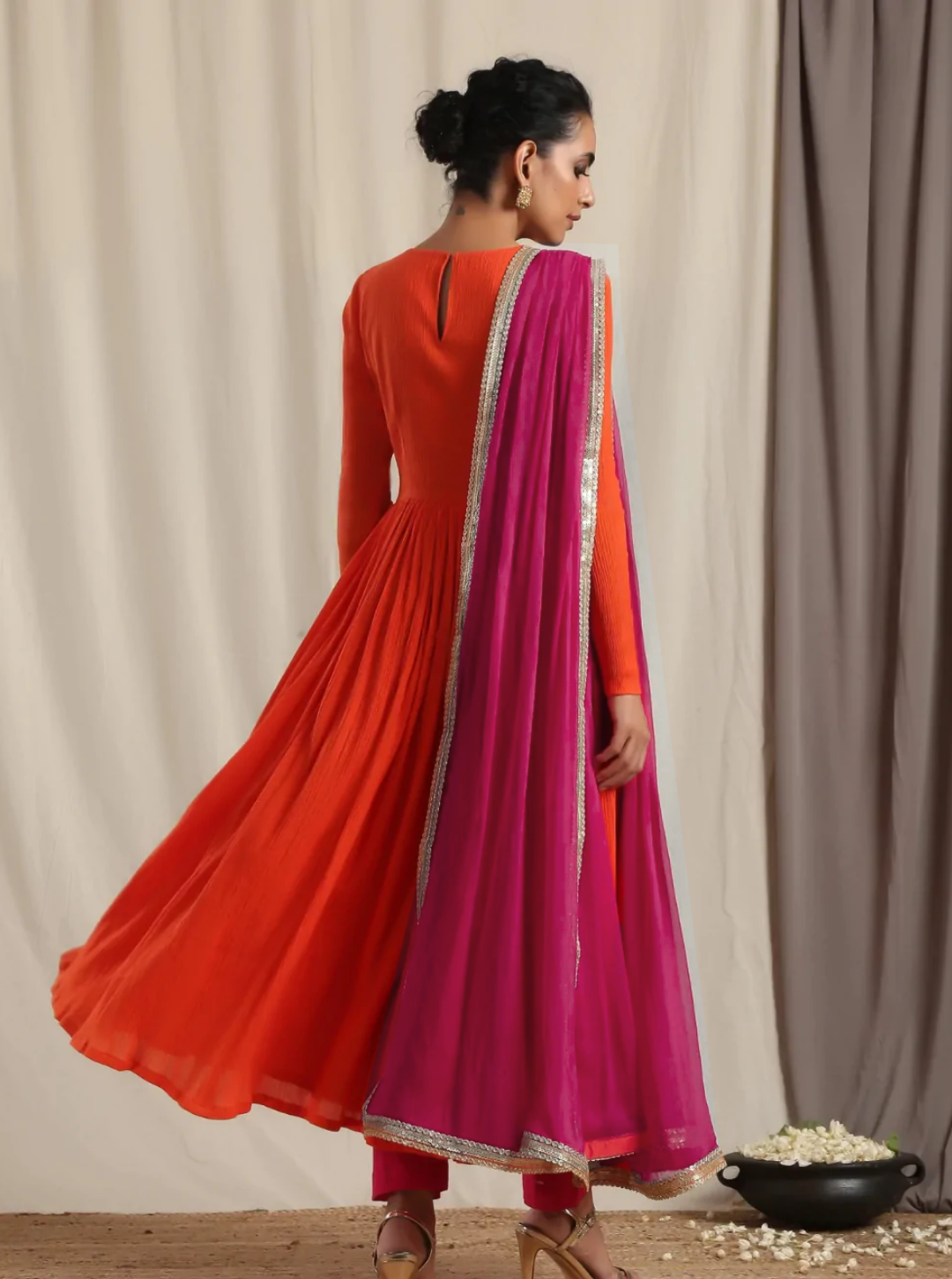 Women's Orange Crinkle Flared Kurta Pant Dupatta Set