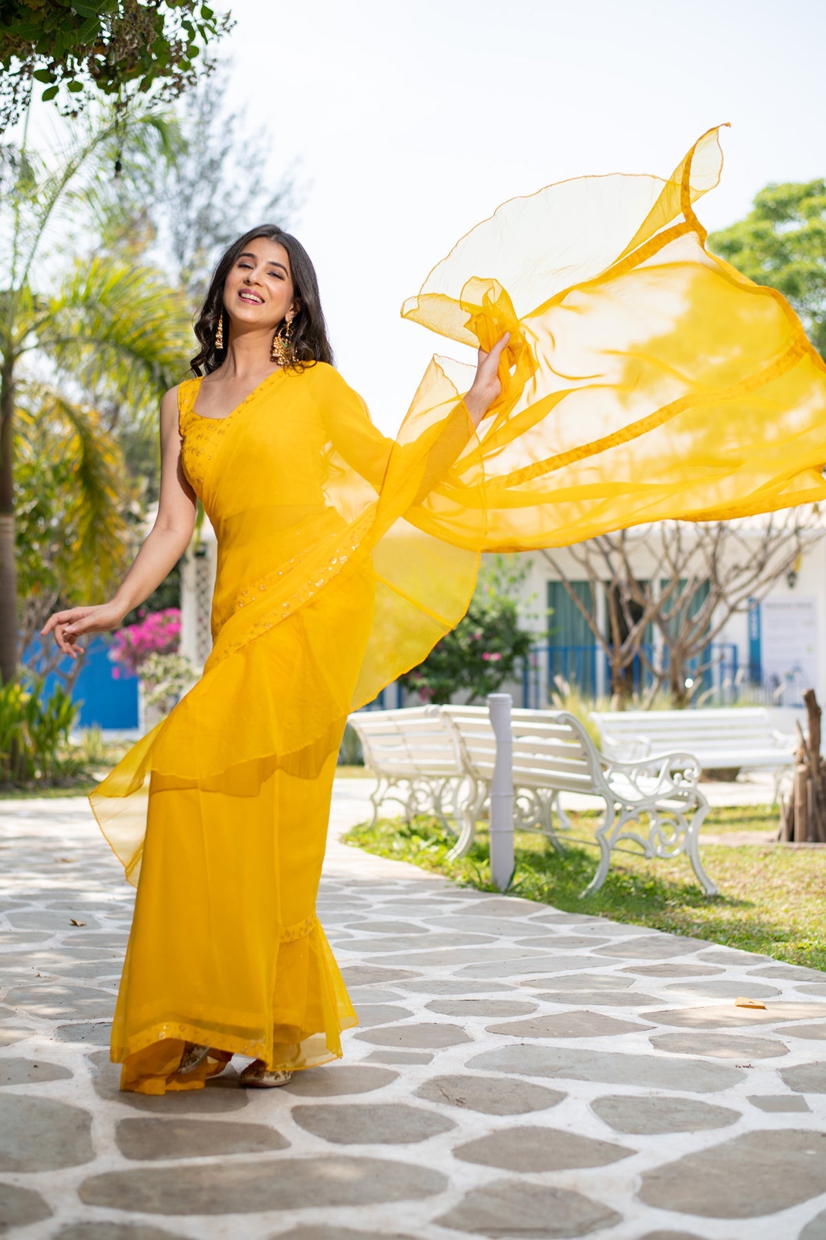 Women's Yellow Ruffle Saree