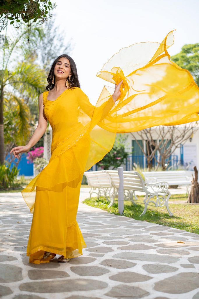 Women's Yellow Ruffle Saree