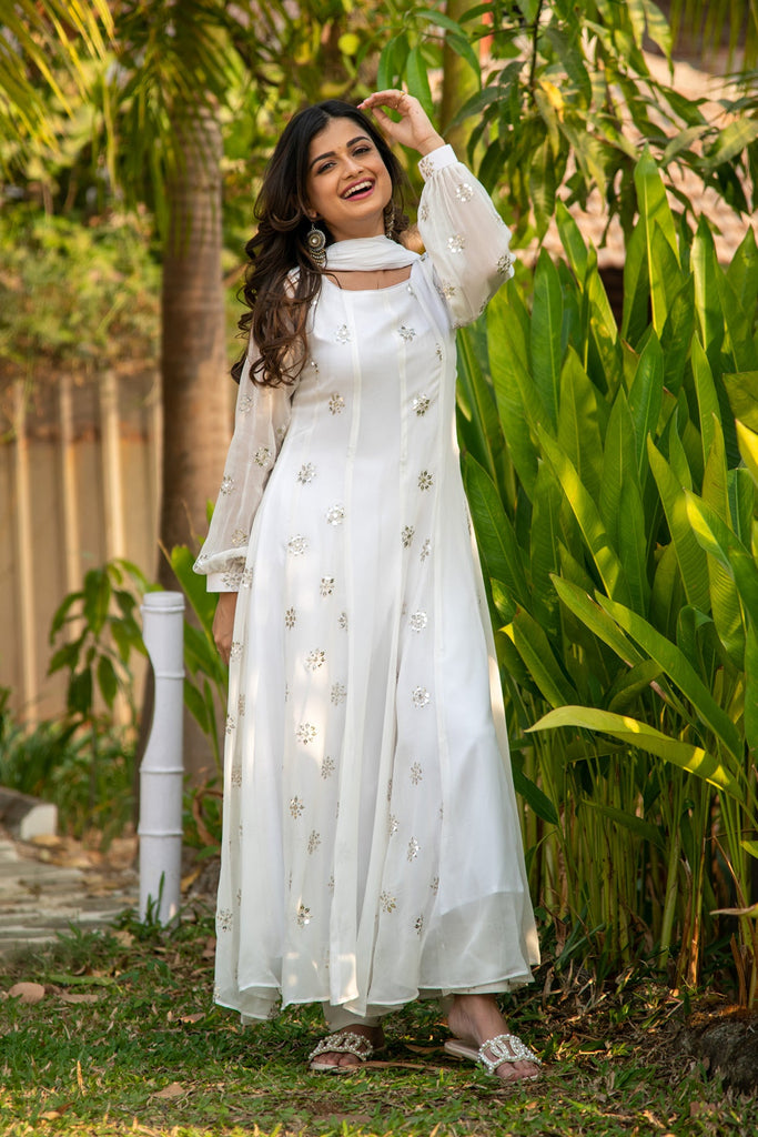 Women's White Sequin Alternate Kali Anarkali Set