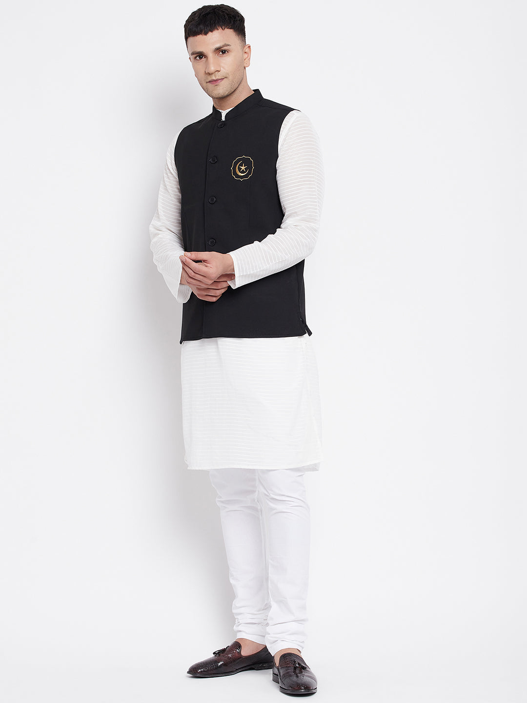 Men's White Kurta Sets with Eid Insignia Jackets(2PC) - Even Apparels