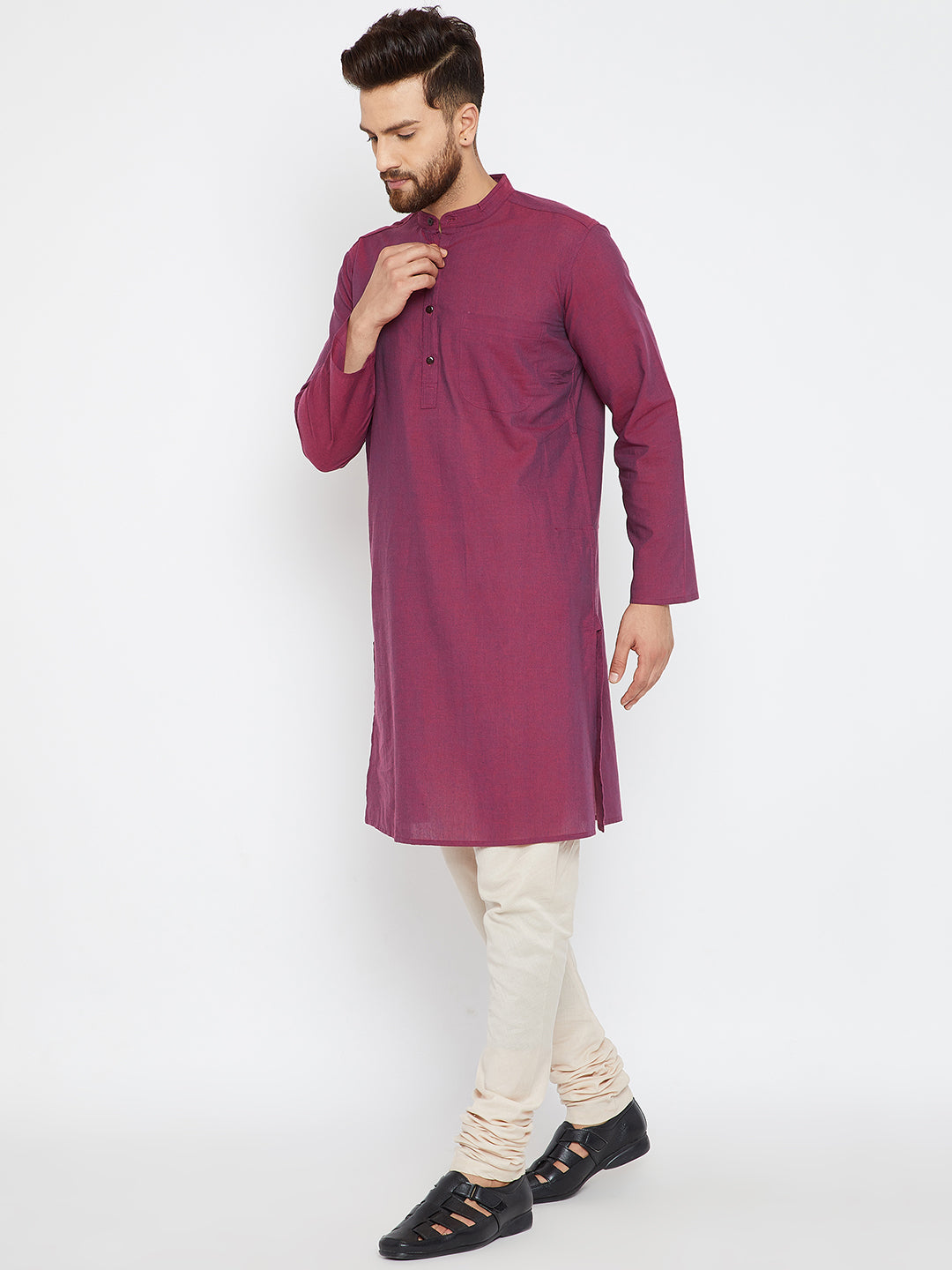 Men's Magenta Solid Cotton Kurta