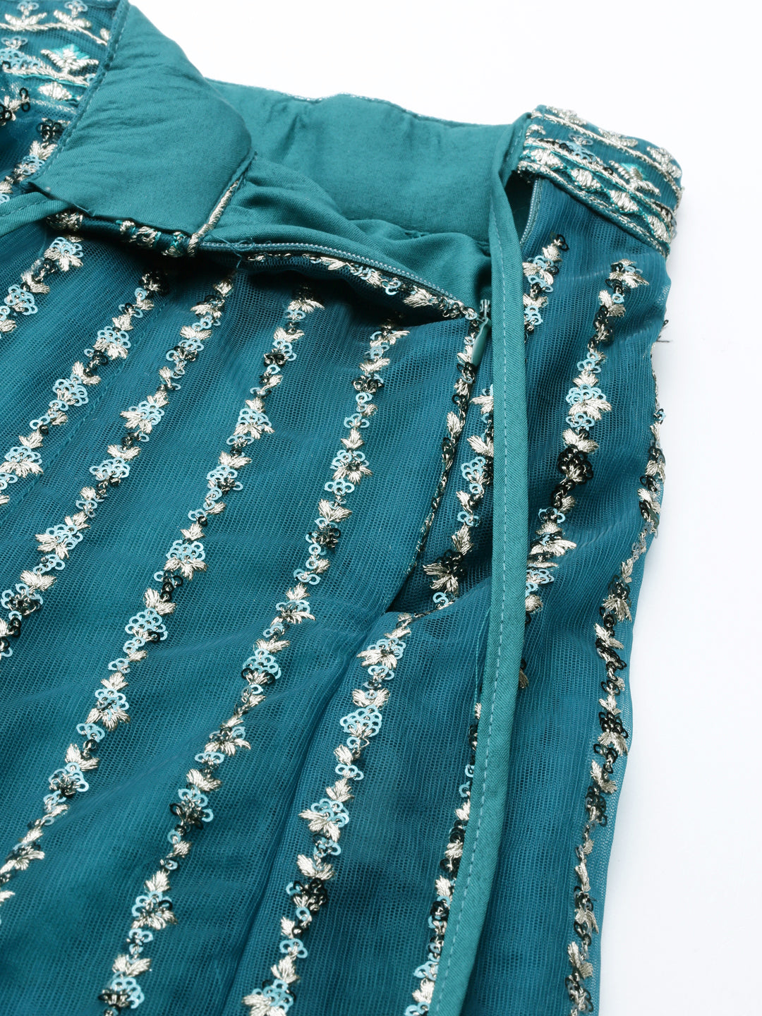 Women's Teal Net Sequinse Work Fully Stitched Lehenga & Stitched Blouse, Dupatta - Royal Dwells