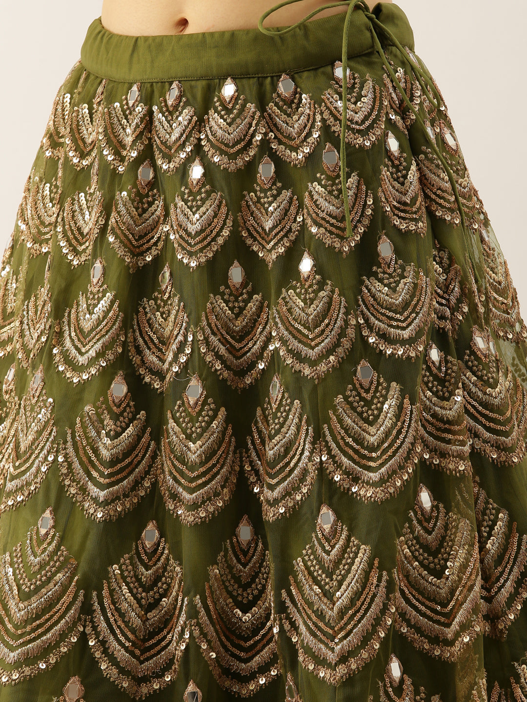 Women's Olive Net Embroidered Mirror Lehenga & Blouse With Dupatta - Royal Dwells
