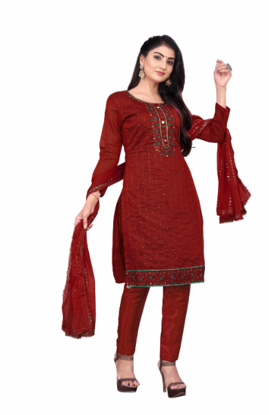 Women's Red Colour Semi-Stitched Suit Sets - Dwija Fashion
