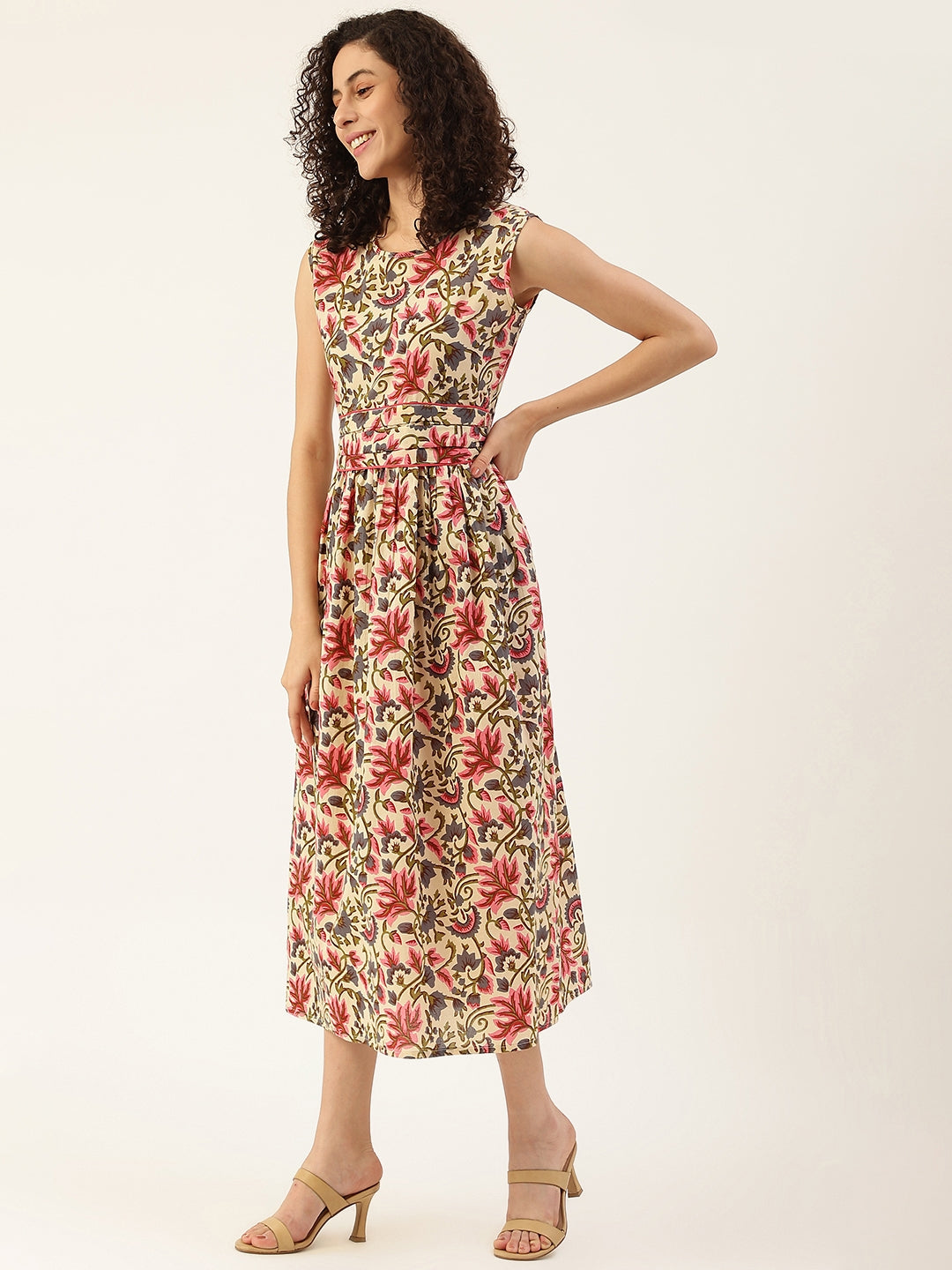 Women's Beige Printed Cowl Belt Cotton Dress - Maaesa