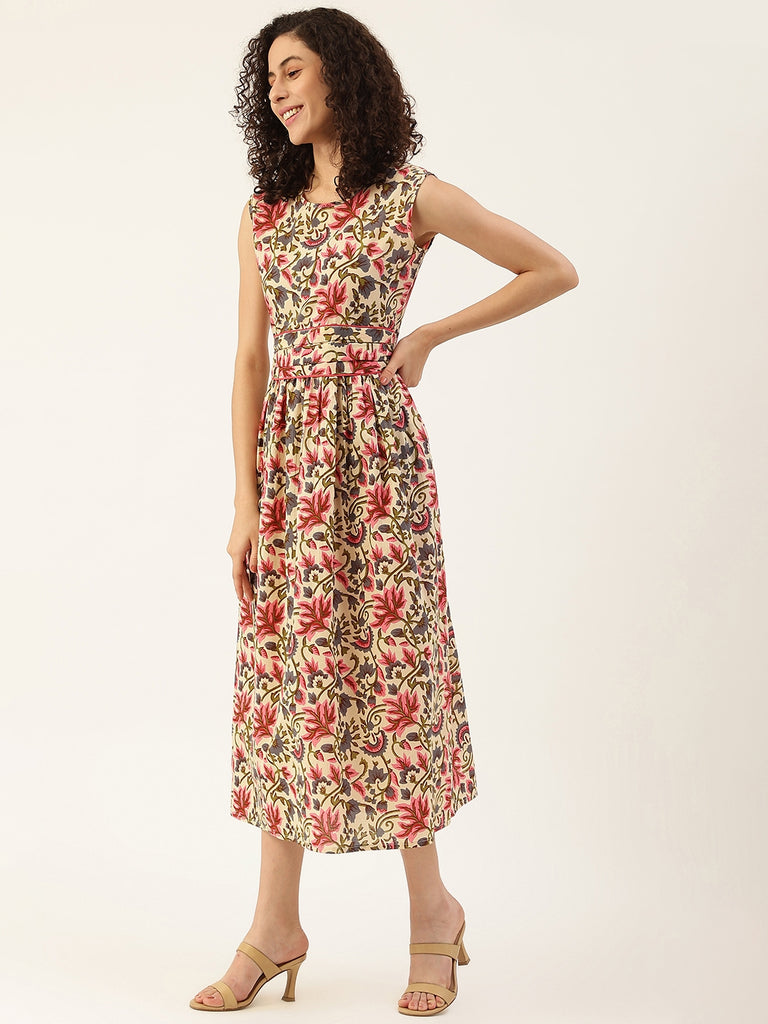 Women's Beige Printed Cowl Belt Cotton Dress