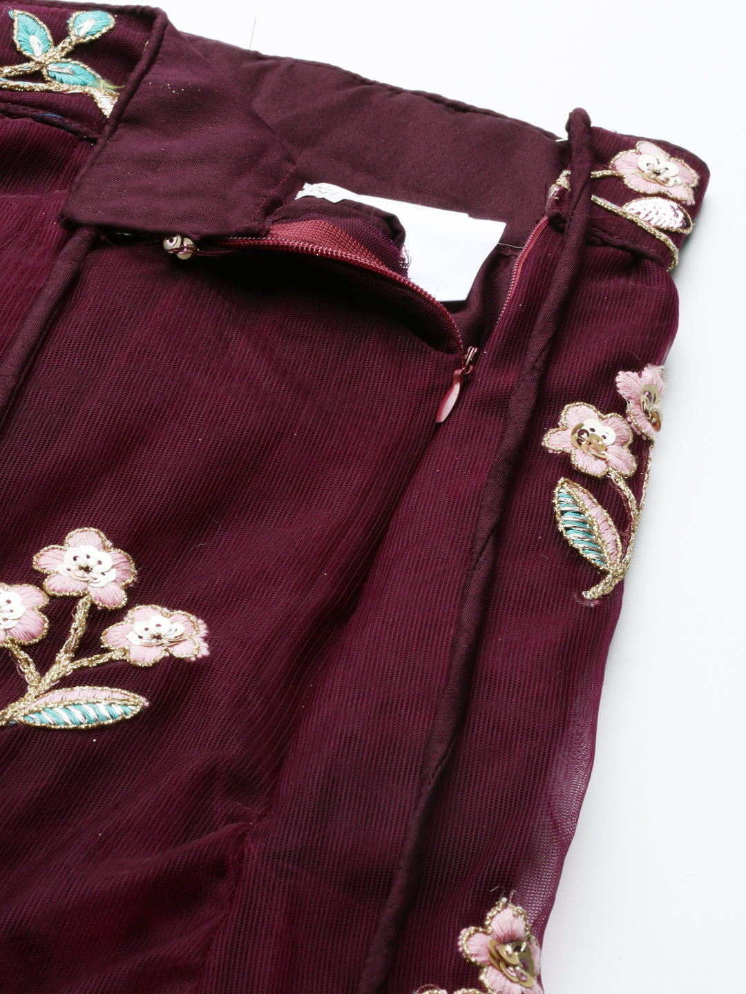Women's Burgundy Net Sequinse Work Fully Stitched Lehenga & Stitched Blouse, Dupatta - Royal Dwells