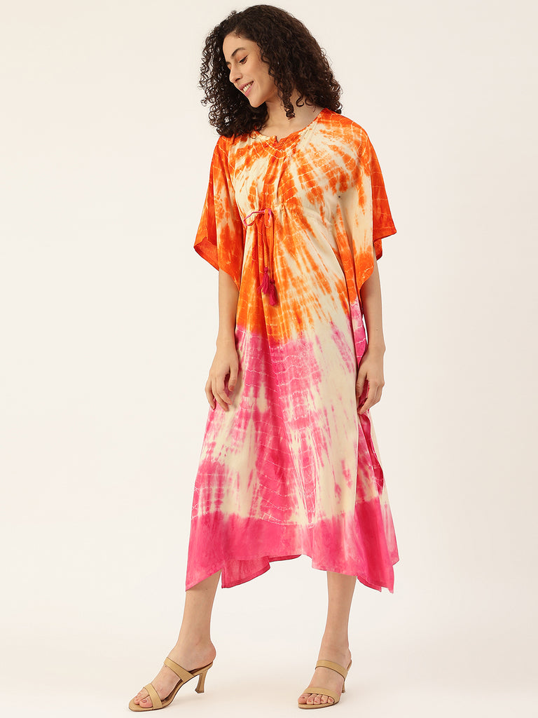 Women's Pink-orange Tie-Dye Rayon Kaftan Dress