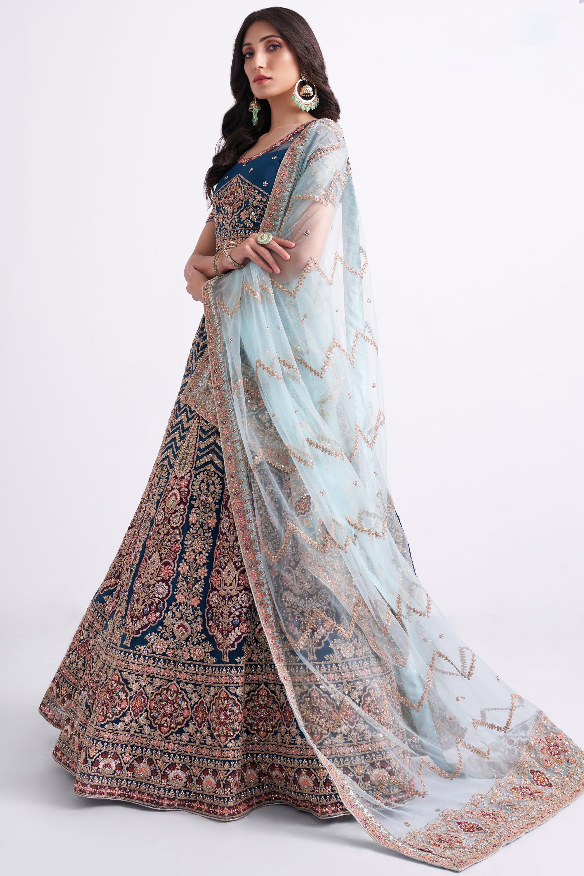 Women's Bridal Heritage Persian Blue Heavy Embroidered Net Designer Lehenga - CHITRAS
