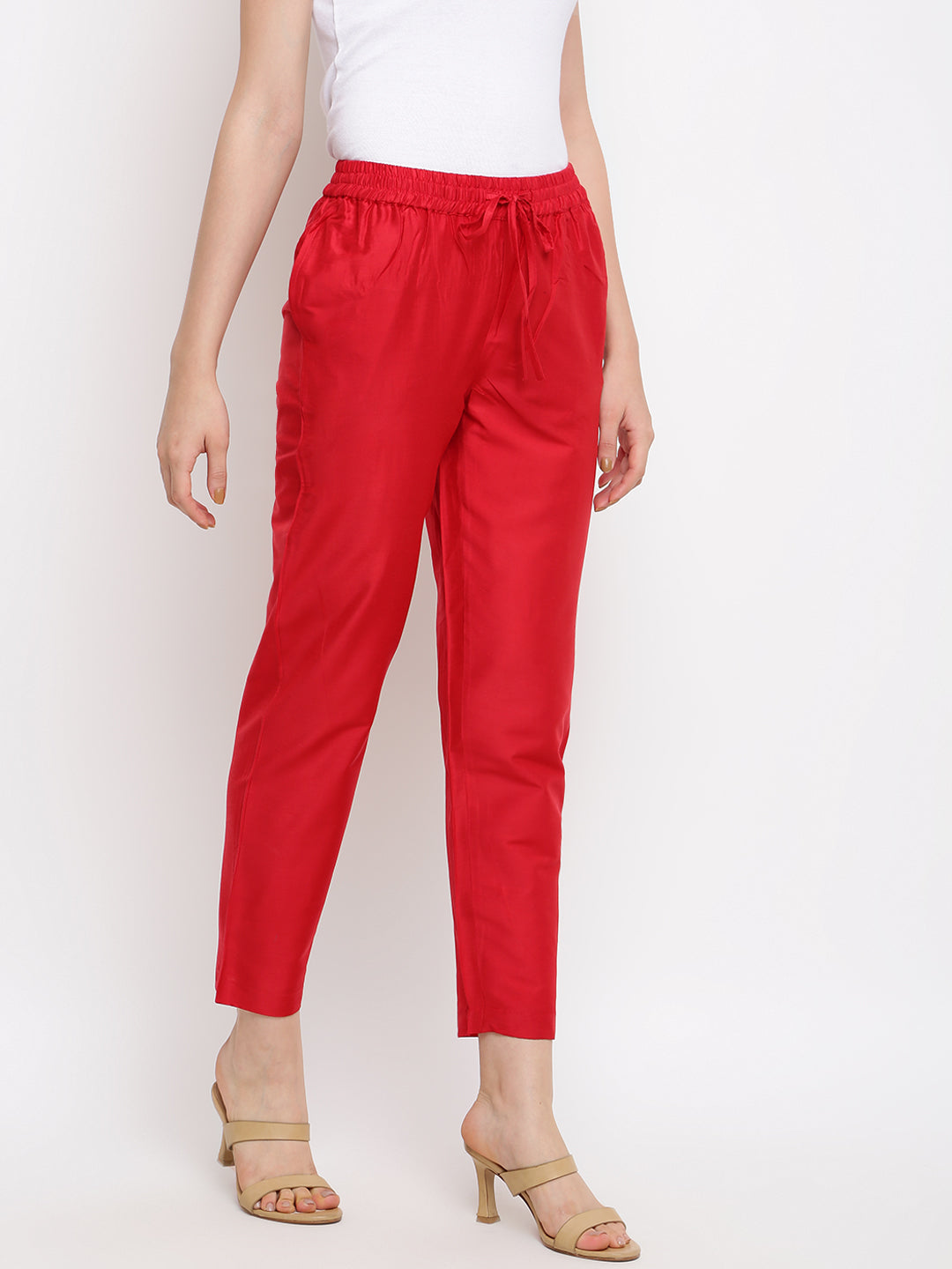 Women's Red Solid Straight Pants - IMARA