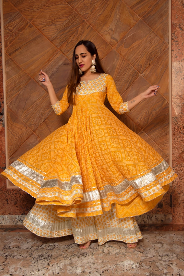 Women's Yellow Leaf Cotton Anarkali Plazo Set - Pomcha Jaipur