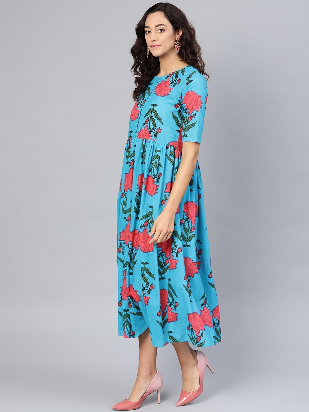 Women's Sky Blue Cotton Printed 3/4 Sleeve Round Neck Dress - Myshka