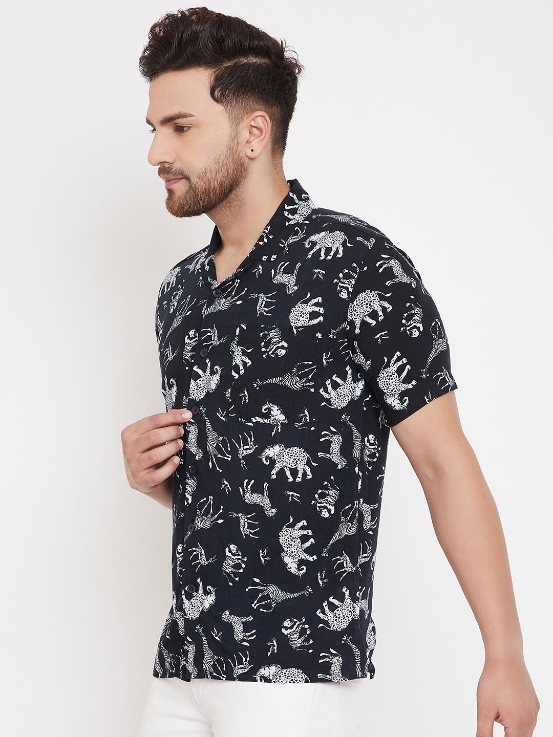Men's Printed Black Cuban Collar Shirt