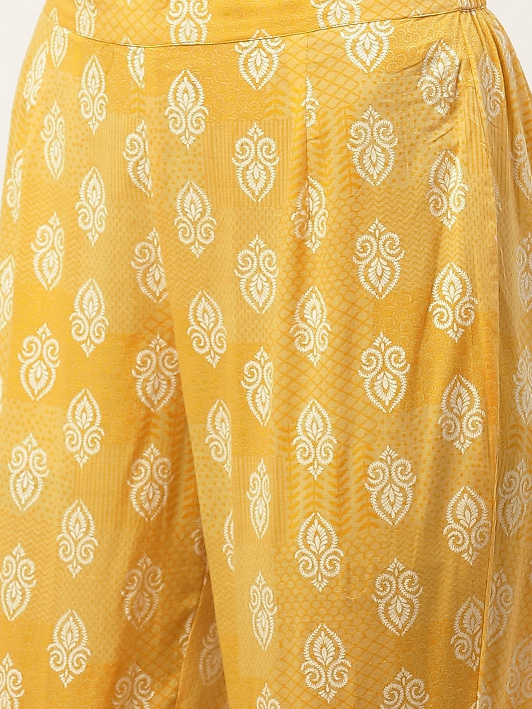 Women's Yellow & White Ethnic Hand Printed Cotton Kurta with Trousers & Dupatta - Maaesa