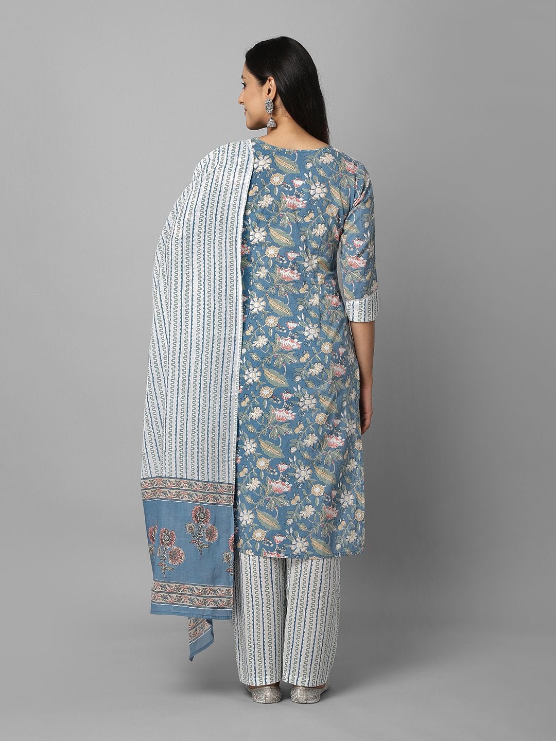 Women's Blue And White Floral Printed Side Slit Straight Kurta Palazzo And Dupatta Set - Azira
