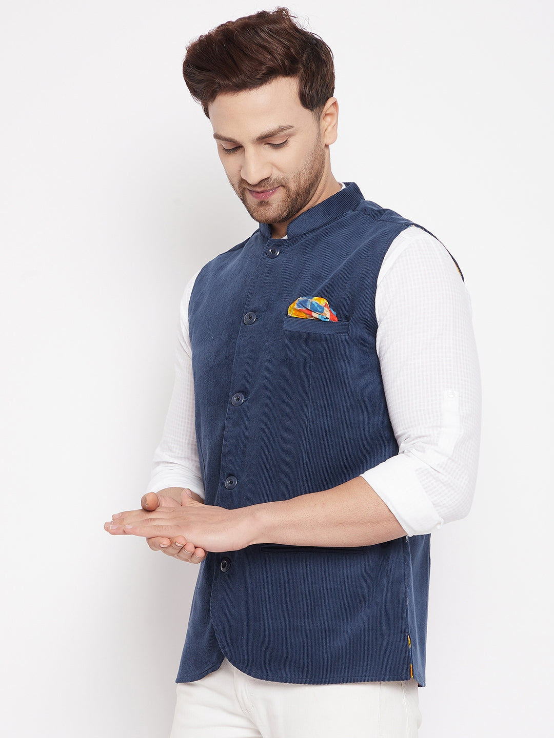 Men's Blue Color Nehru Jacket-Contrast Lining-Inbuilt Pocket Square - Even Apparels