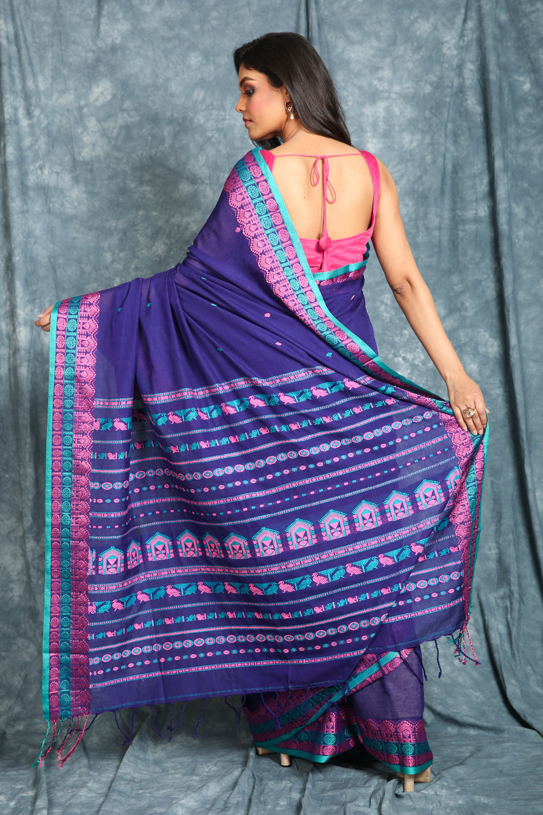 Women's Deep Blue Pure Cotton Handloom Saree With Multicolor Thread Worked Border And Pallu - In Weave Sarees