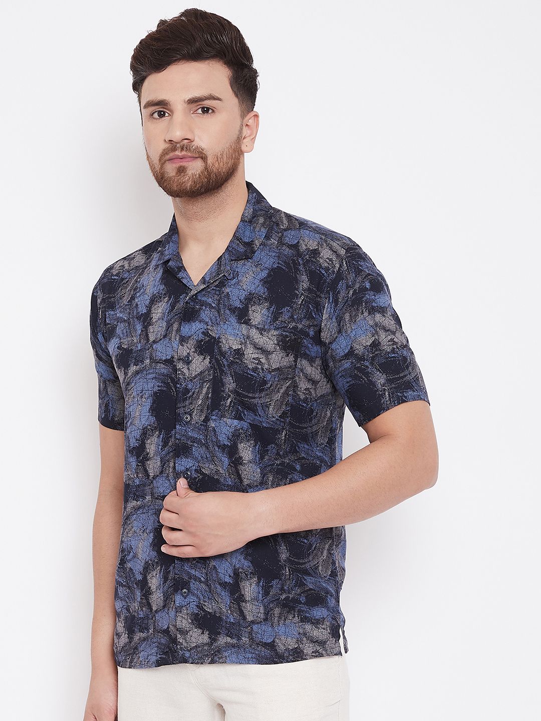 Men's Navy Blue Summer Cuban Collar Shirt