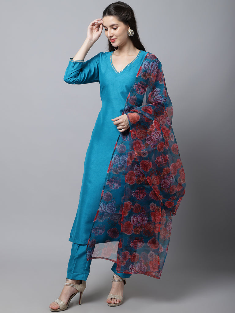 Women's Celeste Blue Silk Kurti With Pants And Printed Dupatta