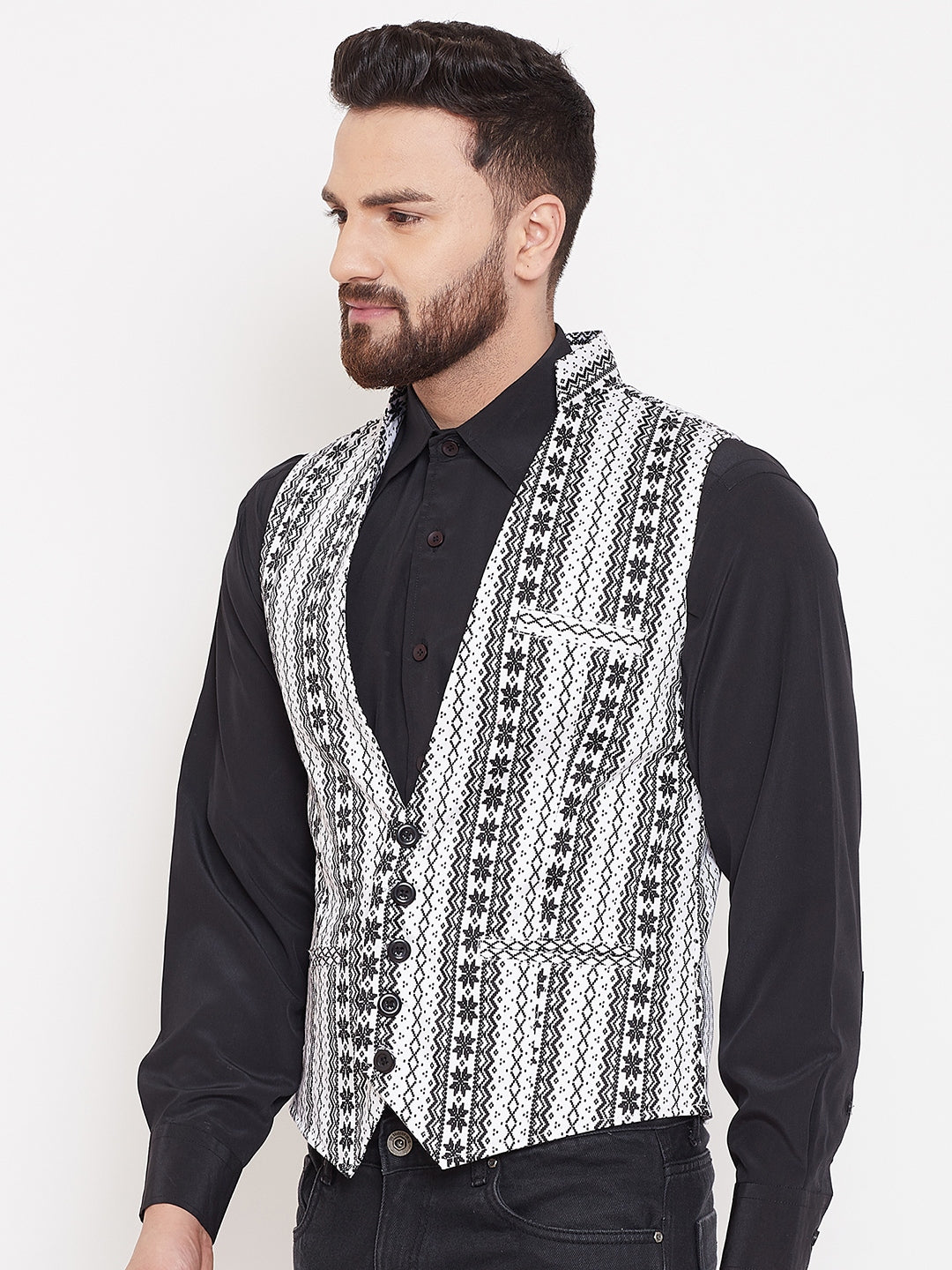 Men's Ethnic Print Monochrome Waistcoat