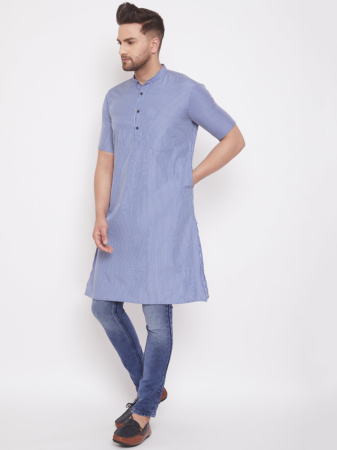 Men's Striped Blue Cotton Kurta