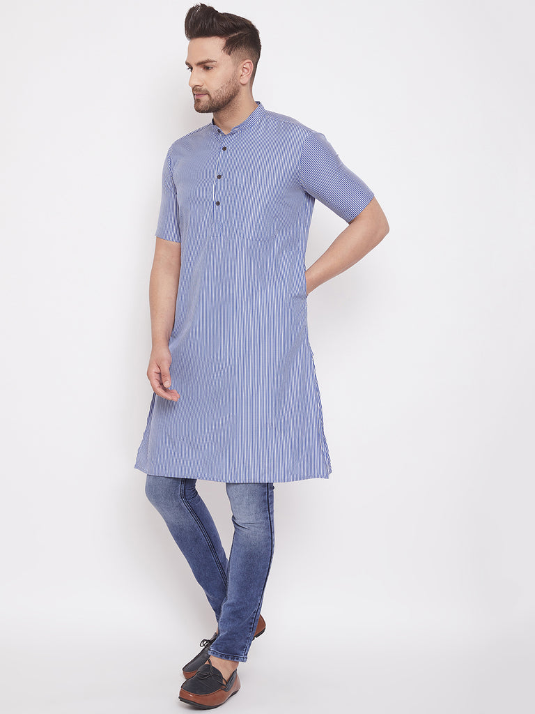 Men's Striped Blue Cotton Kurta